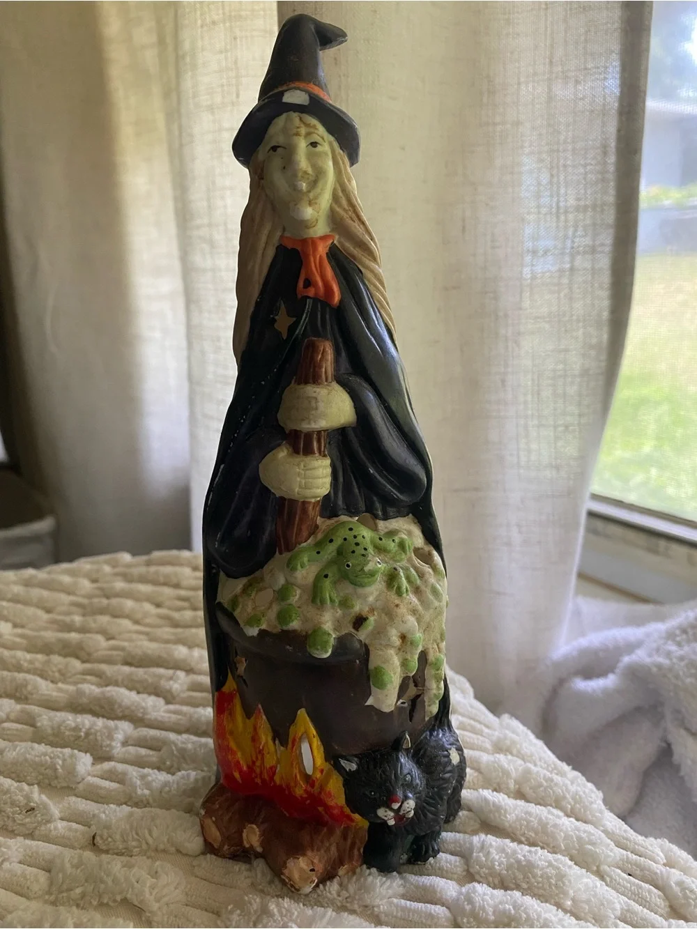 Vintage Handpainted Ceramic Witch Cauldron Black Cat Tealight Candle Holder